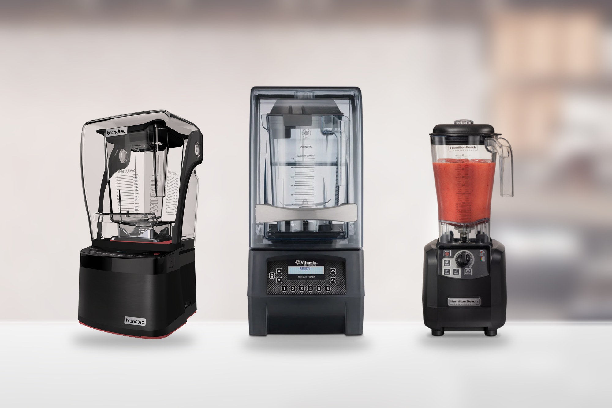 Three commercial cafe blenders: Blendtec Stealth 885, Vitamix The Quiet One and Hamilton Beach Tempest