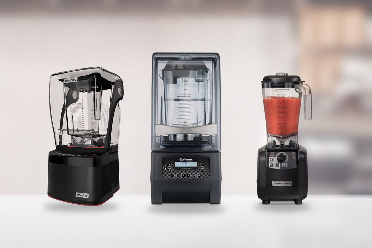 Three commercial cafe blenders: Blendtec Stealth 885, Vitamix The Quiet One and Hamilton Beach Tempest