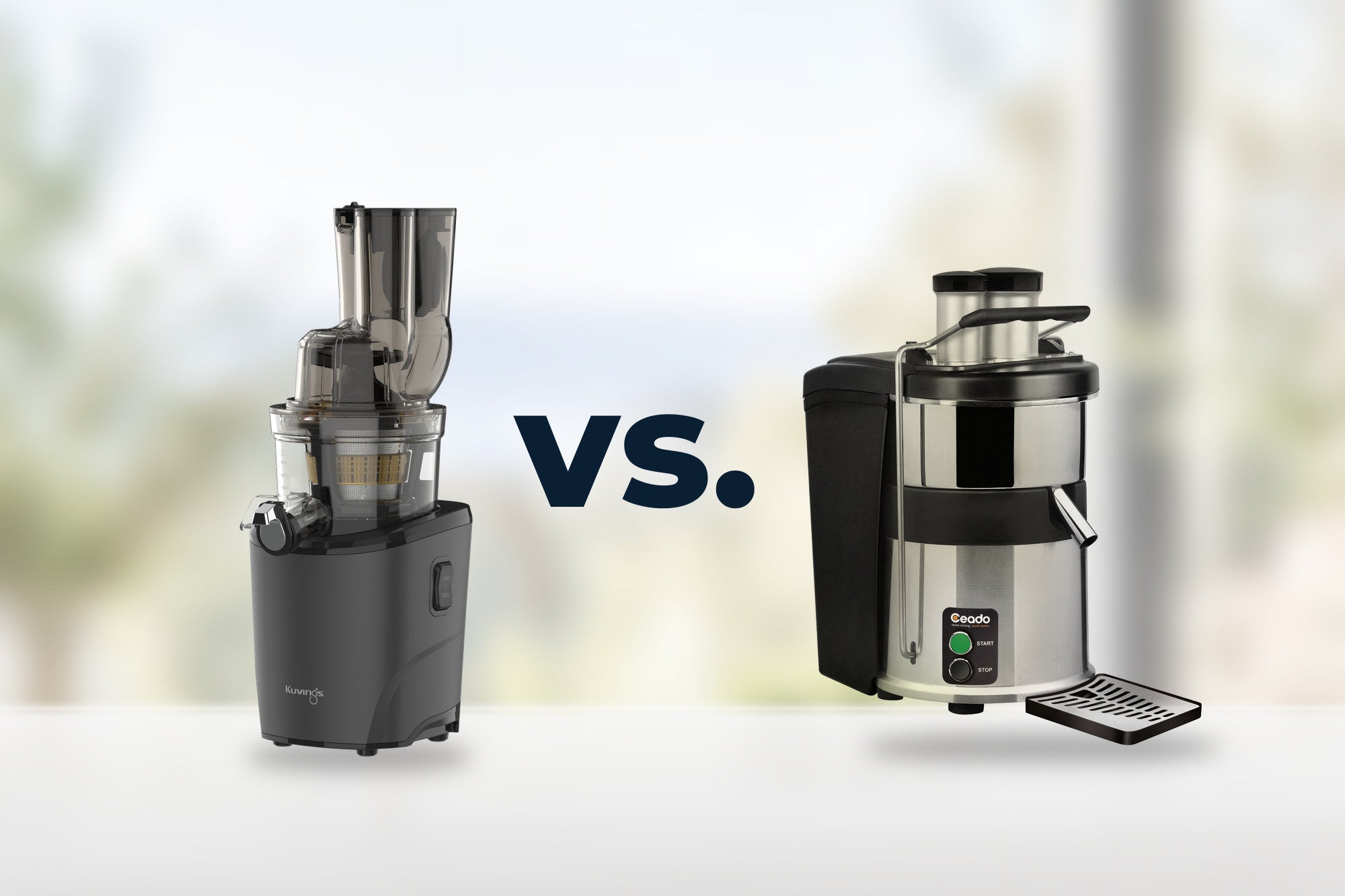 Kuvings REVO830 cold press juicer beside a Ceado commercial centrifugal juicer