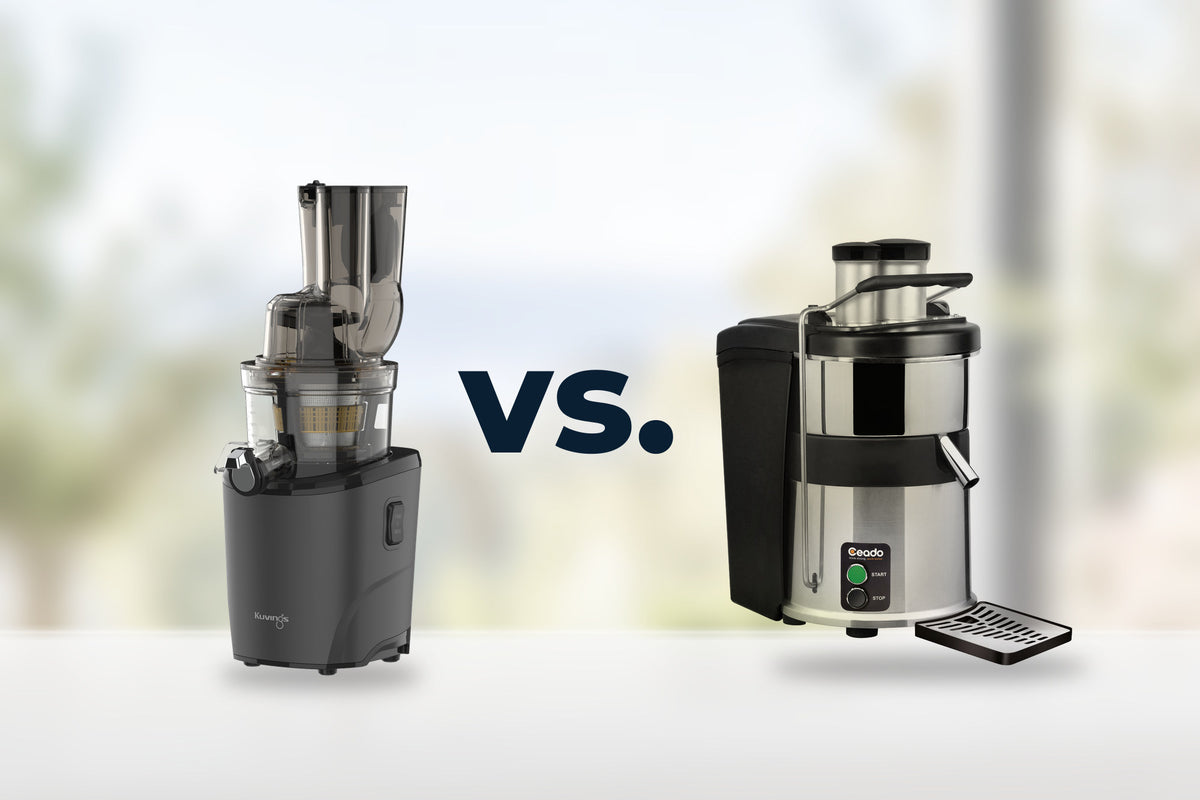 Kuvings REVO830 cold press juicer beside a Ceado commercial centrifugal juicer