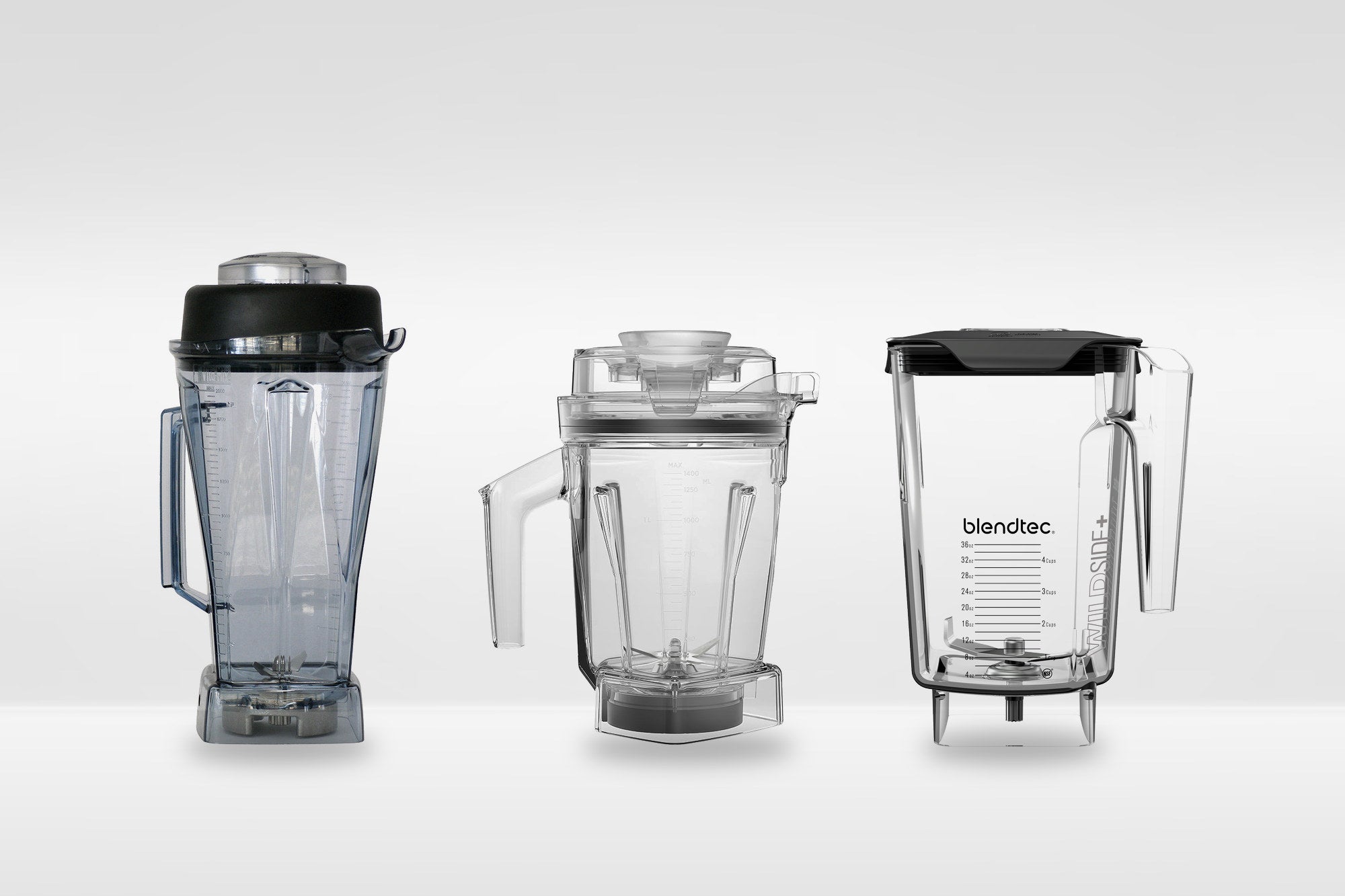 Three blender jugs: a Vitamix classic 2L container, a Vitamix Ascent 1.4L container and a Blendtec WildSide jar