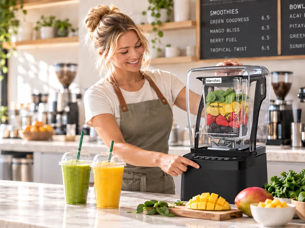 A smiling barista making berry smoothies with a Blendtec blender in a bright cafe